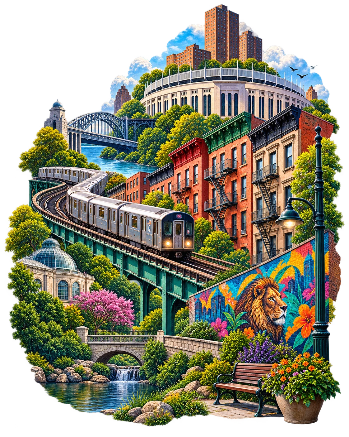 Colorful illustrated collage of Bronx landmarks, elevated trains, neighborhood buildings, parks, and public art