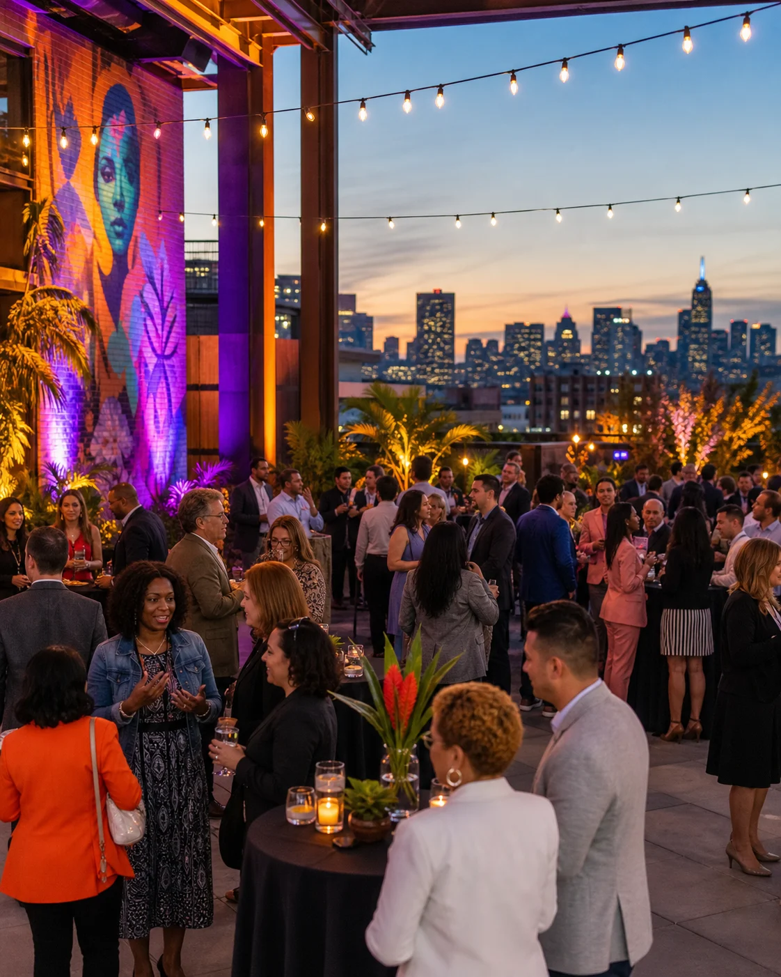 Bronx entrepreneurs and community leaders connecting at a colorful evening event